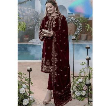 Unstitched Embroidered Velvet 3PCs With Velvet Shawl - zab970